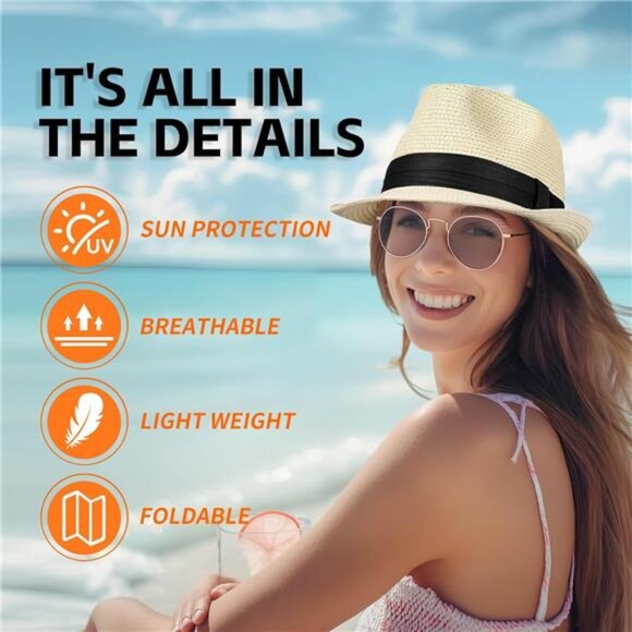 Packable Straw Fedora Hat – UPF 50+ Summer Trilby for Women & Men